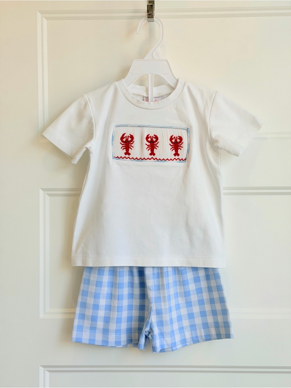 White & Light Blue Kids Matching Set with Red Lobster Motif
